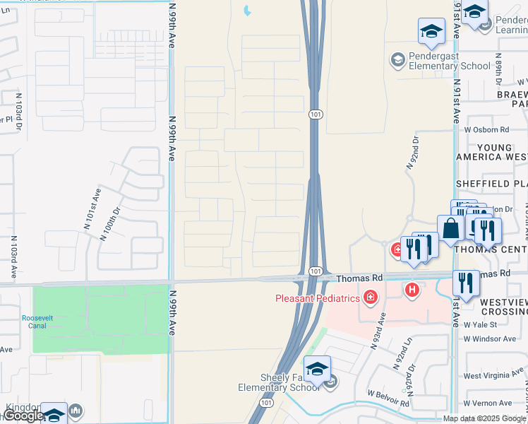 map of restaurants, bars, coffee shops, grocery stores, and more near 3301 North 99th Avenue in Phoenix