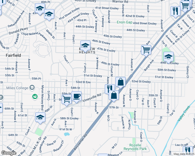 map of restaurants, bars, coffee shops, grocery stores, and more near 1101 51st Street Ensley in Birmingham