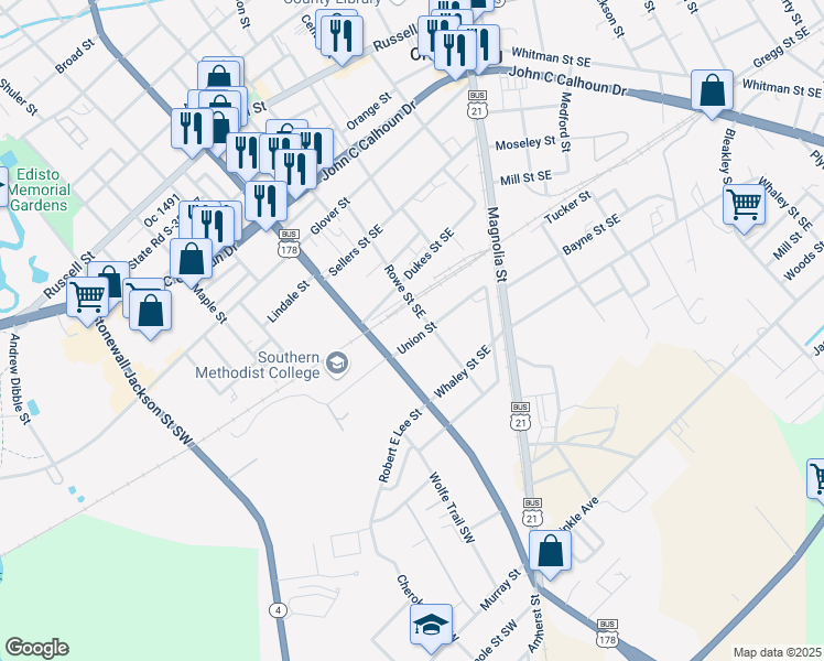 map of restaurants, bars, coffee shops, grocery stores, and more near 1169 Union Street in Orangeburg