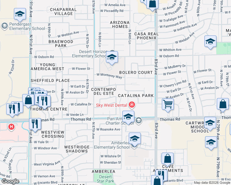 map of restaurants, bars, coffee shops, grocery stores, and more near 8601 West Avalon Drive in Phoenix
