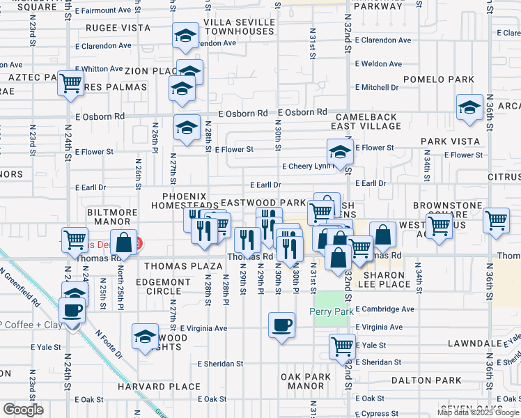 map of restaurants, bars, coffee shops, grocery stores, and more near 2924 East Pinchot Avenue in Phoenix