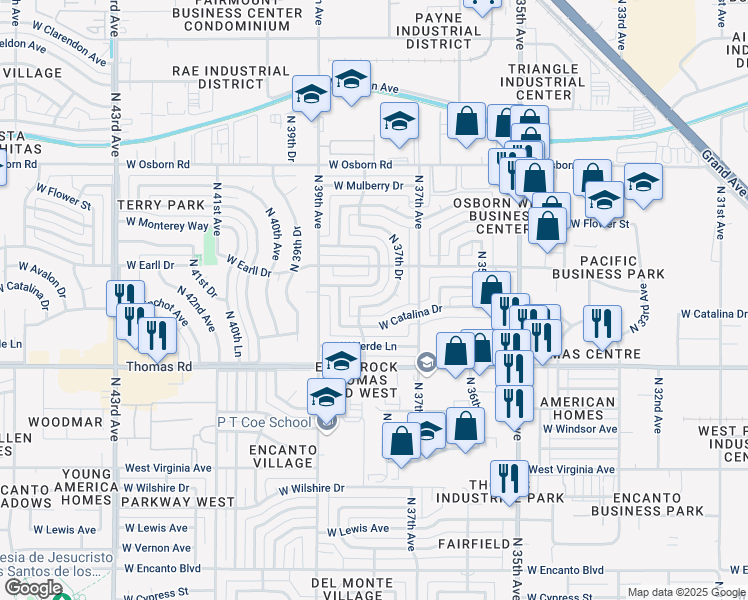 map of restaurants, bars, coffee shops, grocery stores, and more near 3032 North 37th Drive in Phoenix