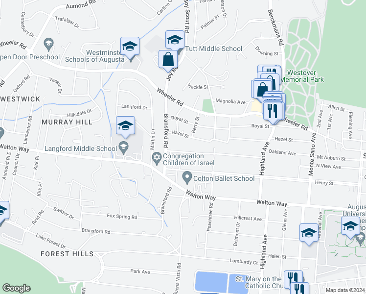 map of restaurants, bars, coffee shops, grocery stores, and more near 2817 Oakland Avenue in Augusta