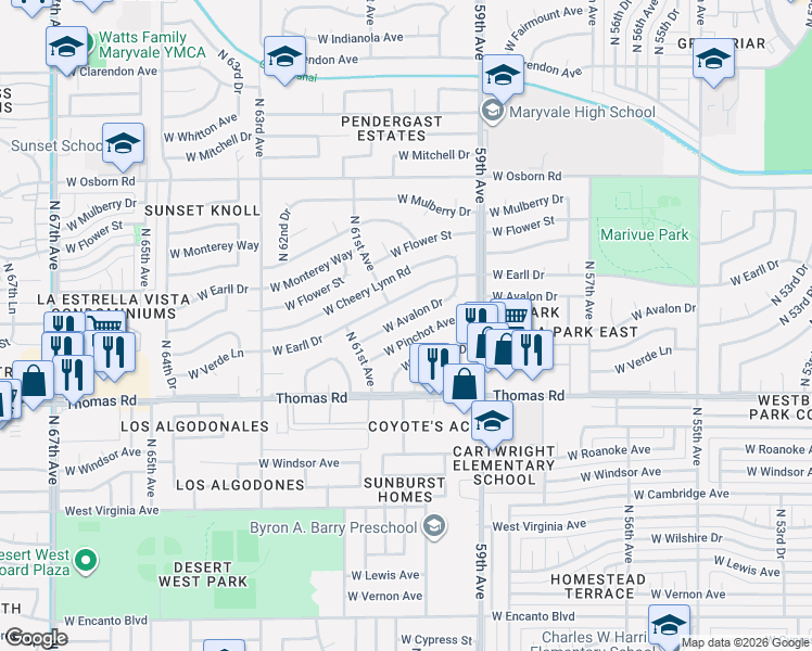 map of restaurants, bars, coffee shops, grocery stores, and more near 6035 W Avalon Dr in Phoenix