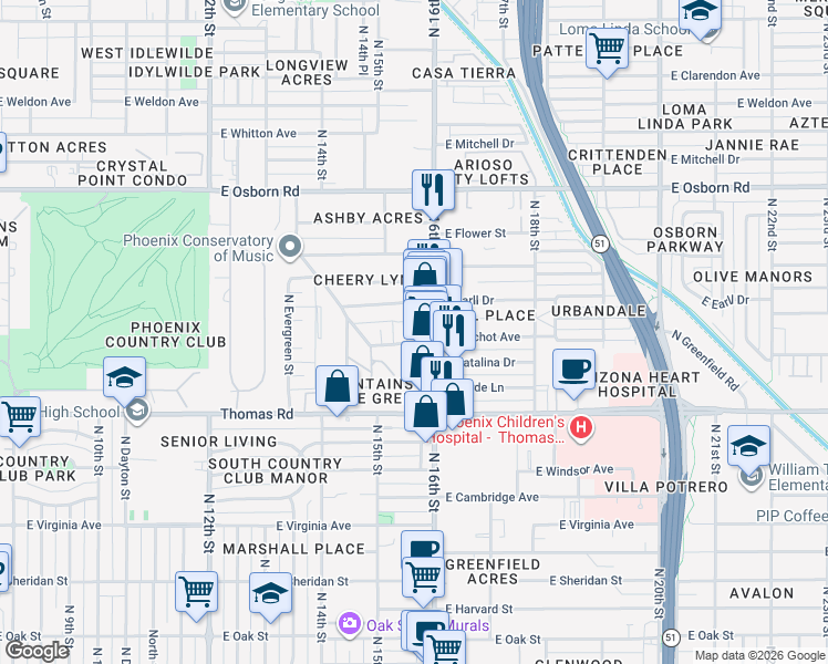 map of restaurants, bars, coffee shops, grocery stores, and more near 3025 North 15th Place in Phoenix
