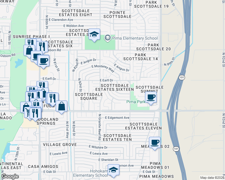 map of restaurants, bars, coffee shops, grocery stores, and more near 3030 North 85th Street in Scottsdale