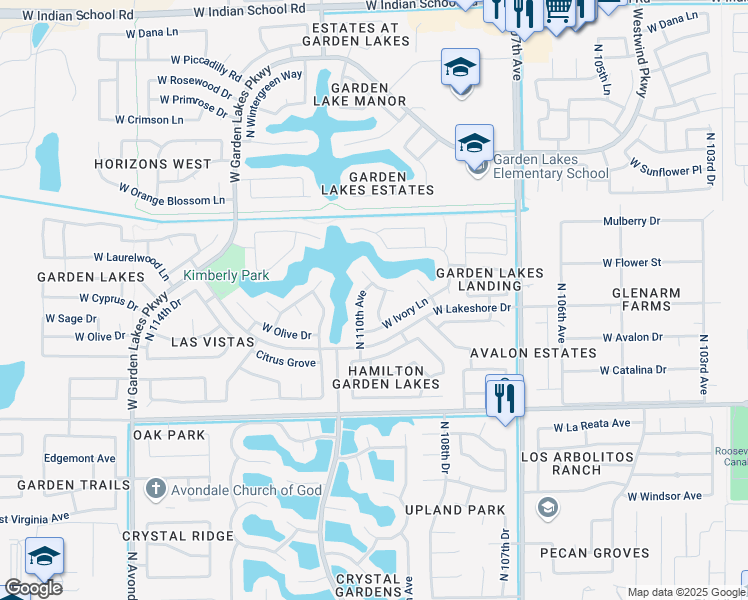 map of restaurants, bars, coffee shops, grocery stores, and more near 3212 North 109th Drive in Avondale