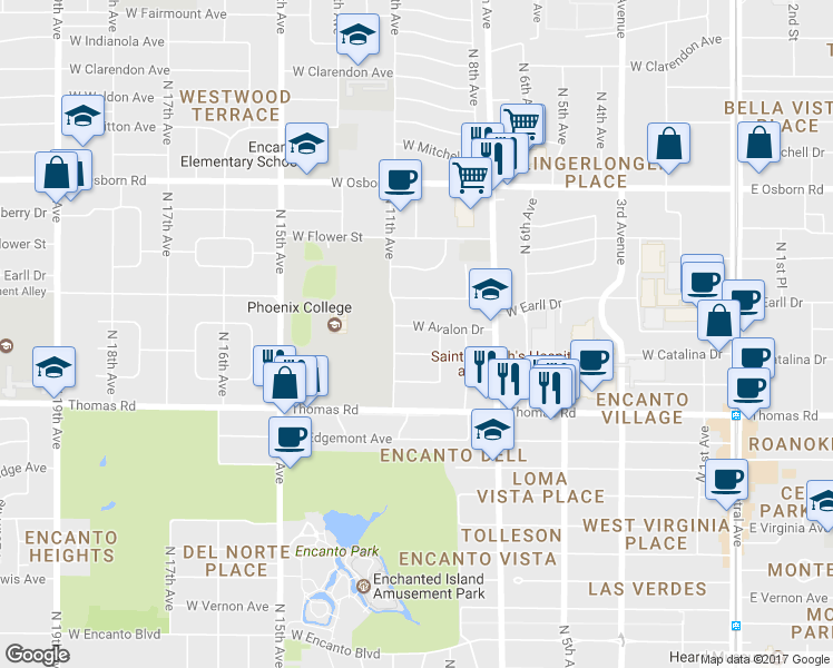 map of restaurants, bars, coffee shops, grocery stores, and more near 917 West Avalon Drive in Phoenix