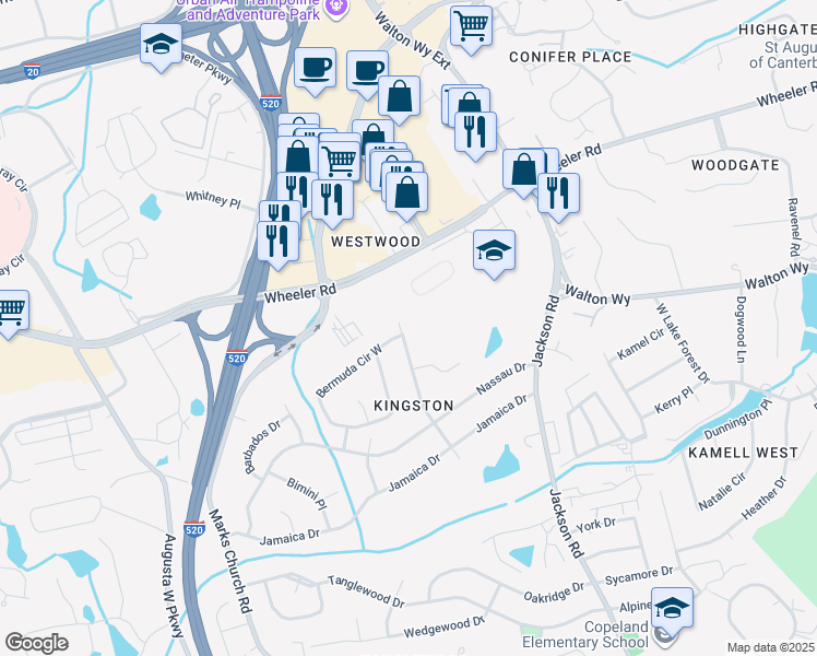 map of restaurants, bars, coffee shops, grocery stores, and more near 1310 Martinique Drive in Augusta