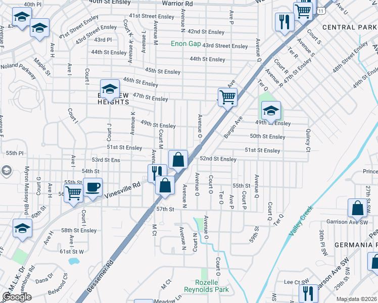 map of restaurants, bars, coffee shops, grocery stores, and more near 1404 Bessemer Road in Birmingham