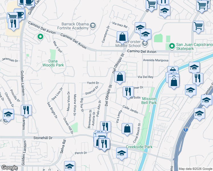 map of restaurants, bars, coffee shops, grocery stores, and more near 33042 Palo Alto Street in Dana Point