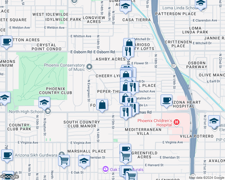 map of restaurants, bars, coffee shops, grocery stores, and more near 3026 North 15th Street in Phoenix