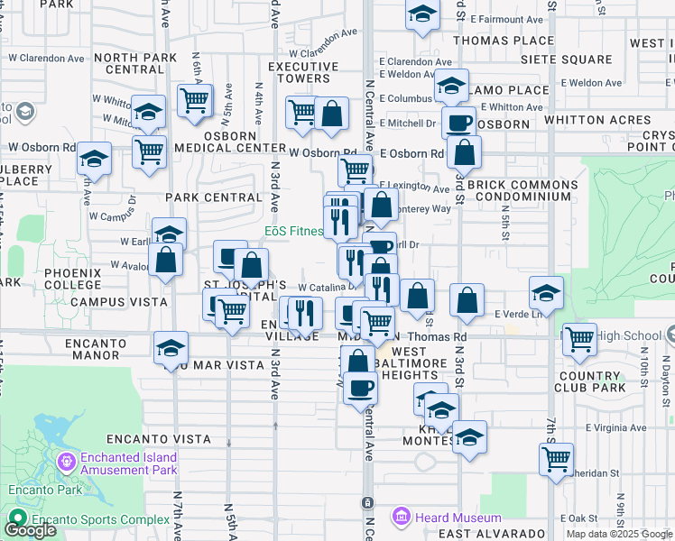 map of restaurants, bars, coffee shops, grocery stores, and more near 100 West Catalina Drive in Phoenix