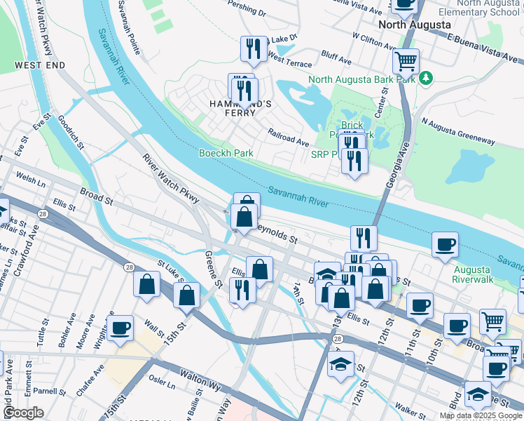 map of restaurants, bars, coffee shops, grocery stores, and more near 1433 Waters Edge Drive in Augusta