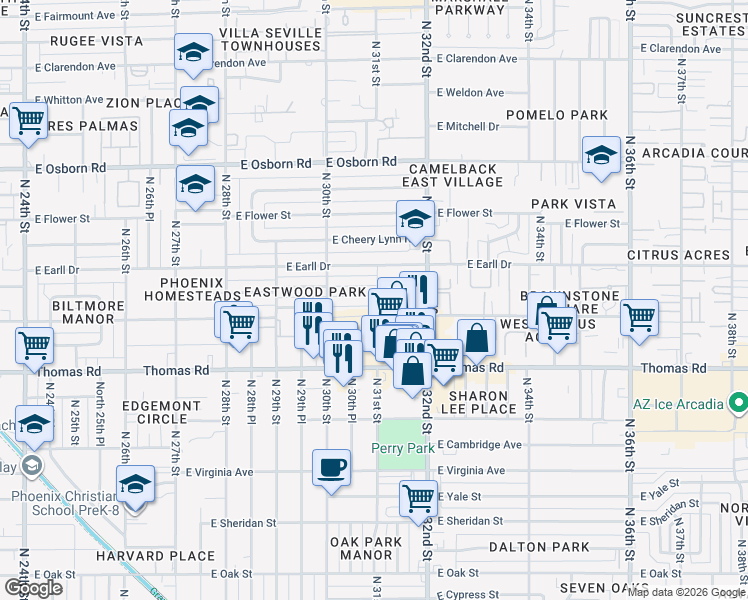 map of restaurants, bars, coffee shops, grocery stores, and more near 3042 East Pinchot Avenue in Phoenix