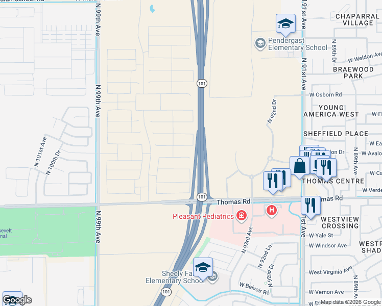 map of restaurants, bars, coffee shops, grocery stores, and more near West Thomas Road in Phoenix