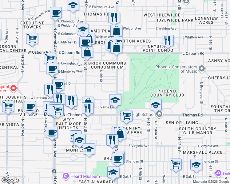 map of restaurants, bars, coffee shops, grocery stores, and more near 3025 North 7th Street in Phoenix