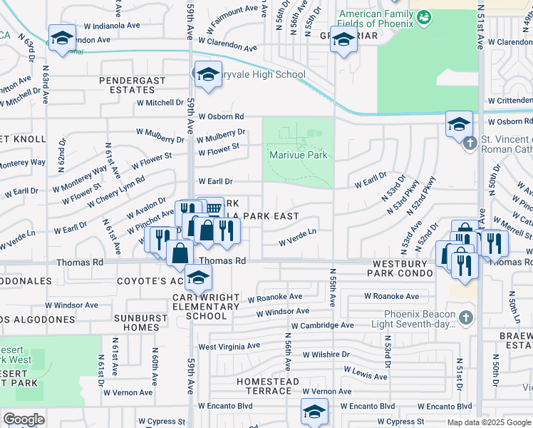 map of restaurants, bars, coffee shops, grocery stores, and more near 3009 North 57th Avenue in Phoenix