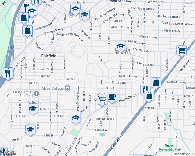 map of restaurants, bars, coffee shops, grocery stores, and more near 821 51st Street Ensley in Birmingham
