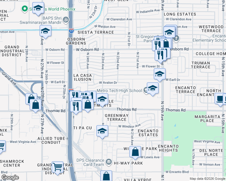 map of restaurants, bars, coffee shops, grocery stores, and more near 2215 West Pinchot Avenue in Phoenix