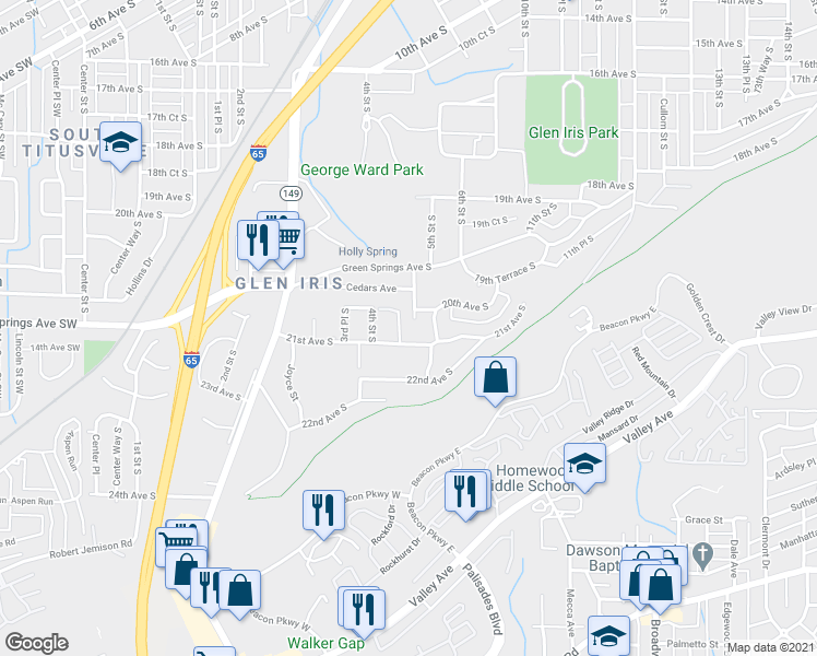 map of restaurants, bars, coffee shops, grocery stores, and more near 2008 4th Place South in Birmingham