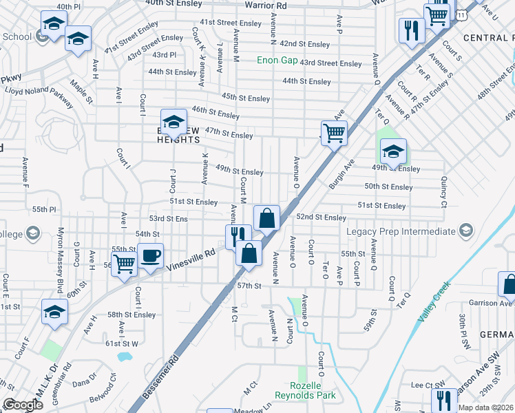 map of restaurants, bars, coffee shops, grocery stores, and more near 5100 Terrace M in Birmingham