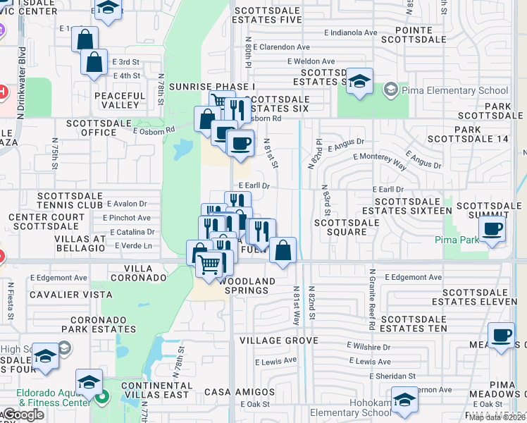 map of restaurants, bars, coffee shops, grocery stores, and more near 3015 Hayden Road in Scottsdale