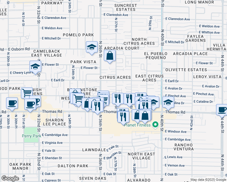 map of restaurants, bars, coffee shops, grocery stores, and more near 3708 East Pinchot Avenue in Phoenix