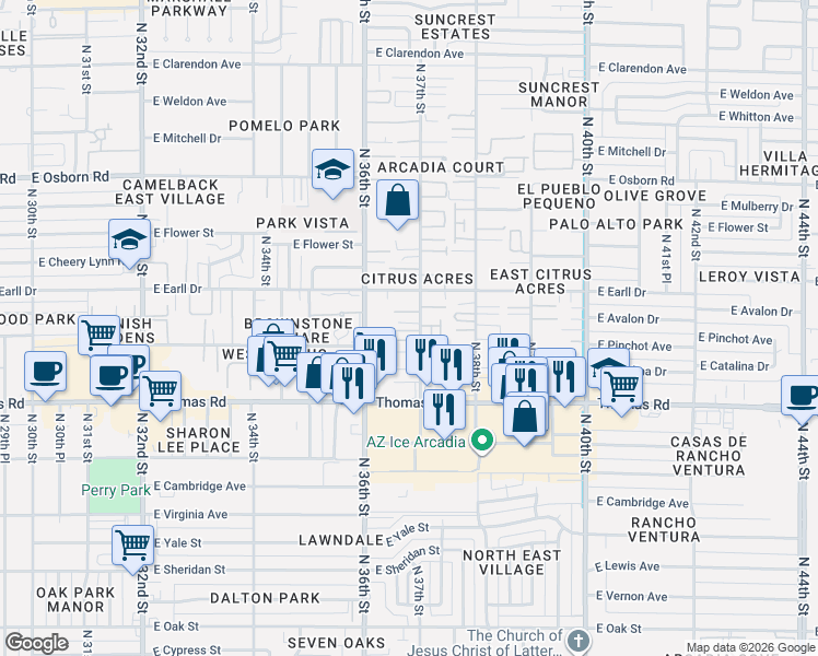 map of restaurants, bars, coffee shops, grocery stores, and more near 3708 East Pinchot Avenue in Phoenix