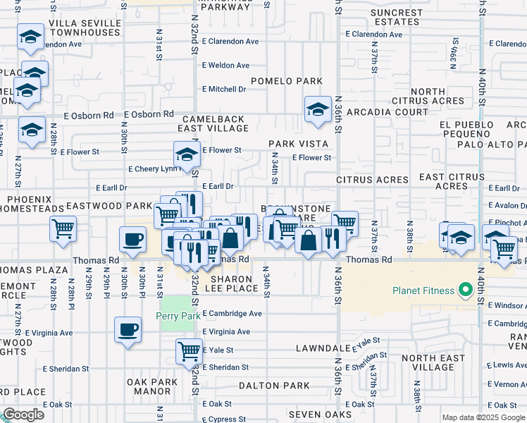 map of restaurants, bars, coffee shops, grocery stores, and more near 3026 North 33rd Place in Phoenix