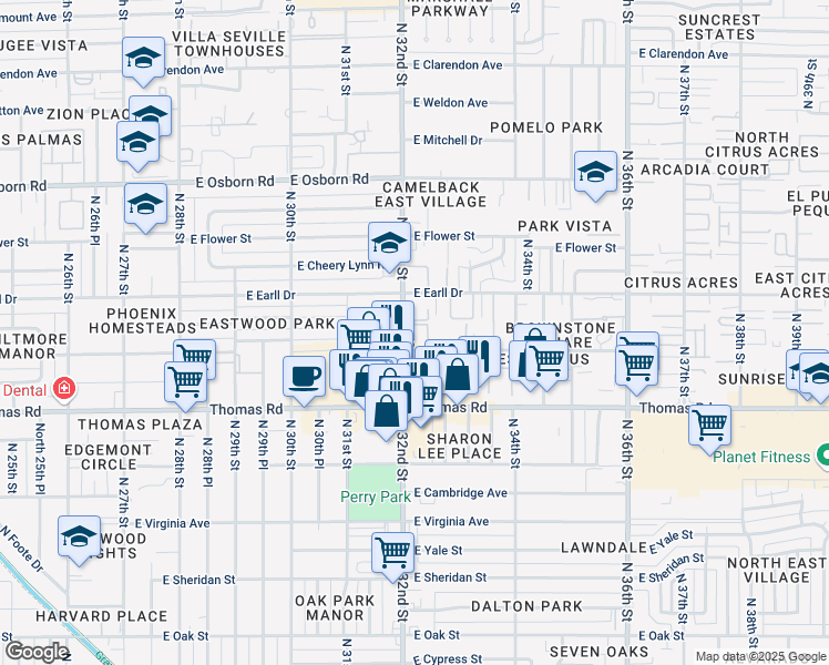 map of restaurants, bars, coffee shops, grocery stores, and more near 3001n North 32nd Street in Phoenix