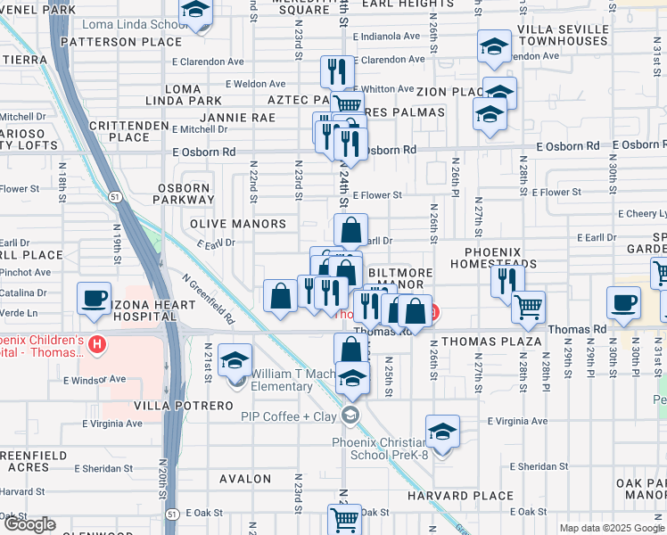 map of restaurants, bars, coffee shops, grocery stores, and more near 3032 North 24th Street in Phoenix