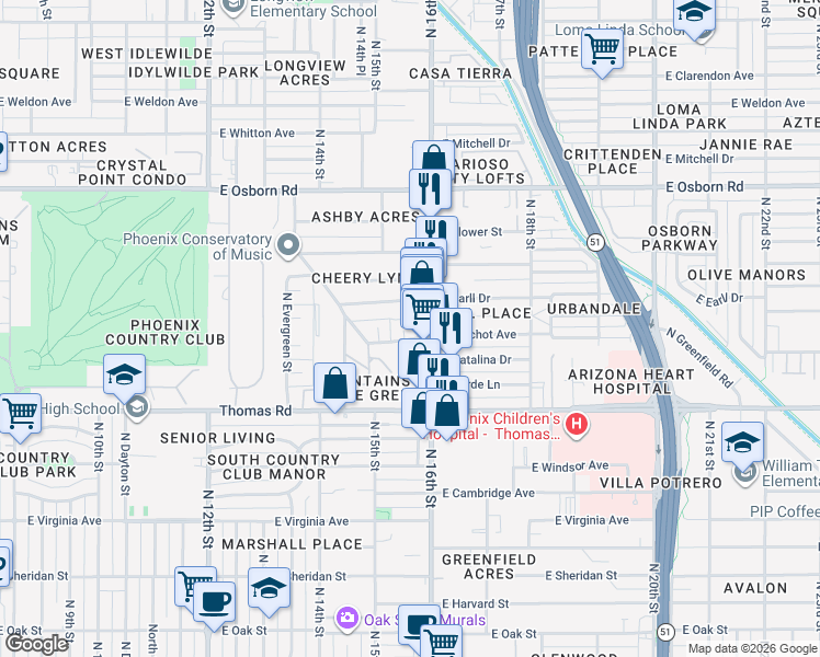 map of restaurants, bars, coffee shops, grocery stores, and more near 3025 North 15th Place in Phoenix