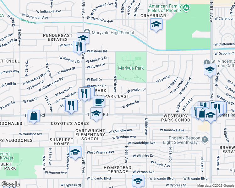 map of restaurants, bars, coffee shops, grocery stores, and more near 3009 North 57th Avenue in Phoenix