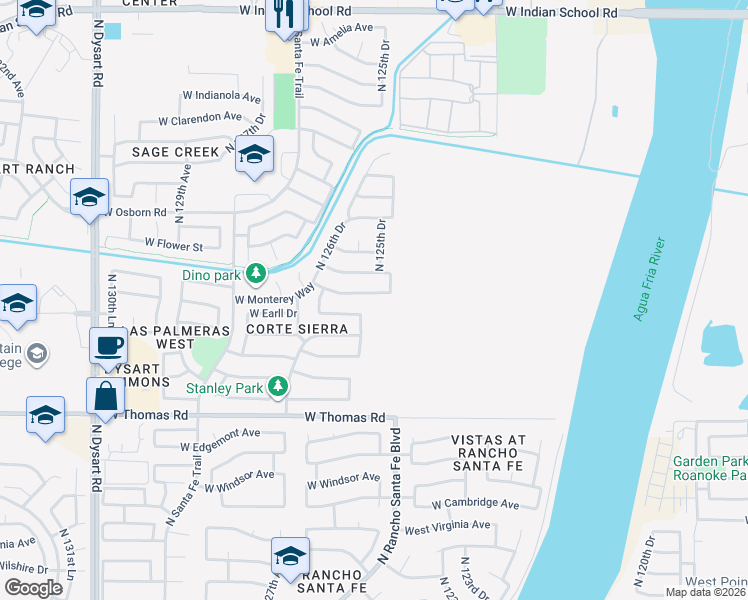 map of restaurants, bars, coffee shops, grocery stores, and more near 12567 West Monterey Way in Avondale