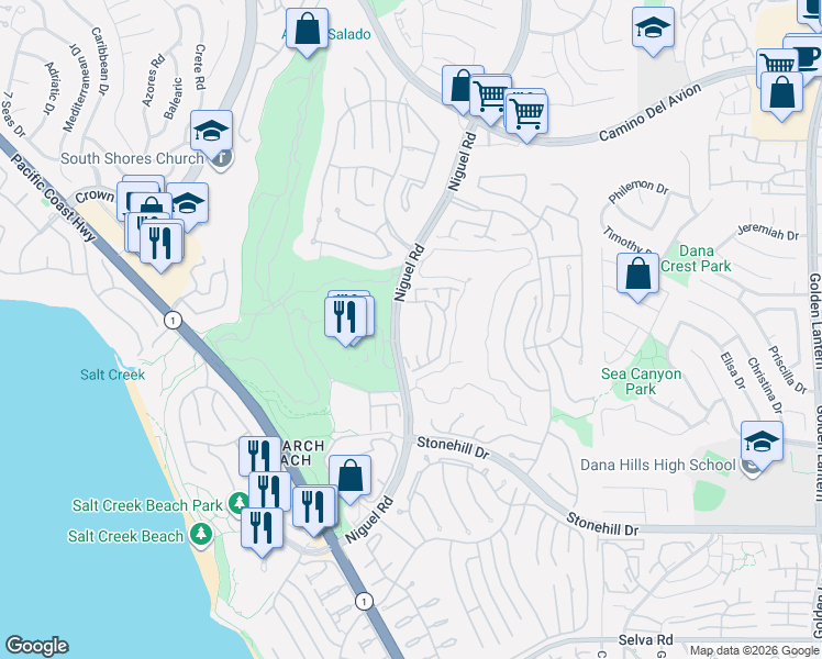 map of restaurants, bars, coffee shops, grocery stores, and more near 33080 Niguel Road in Dana Point