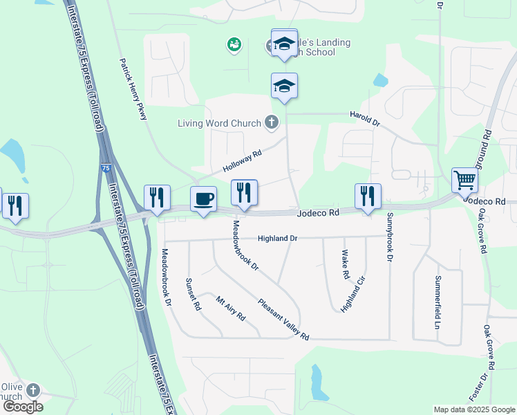 map of restaurants, bars, coffee shops, grocery stores, and more near 3219 Jodeco Road in McDonough