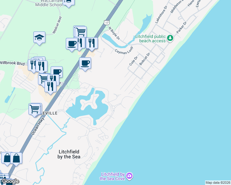 map of restaurants, bars, coffee shops, grocery stores, and more near 112 Compass Ct in Pawleys Island