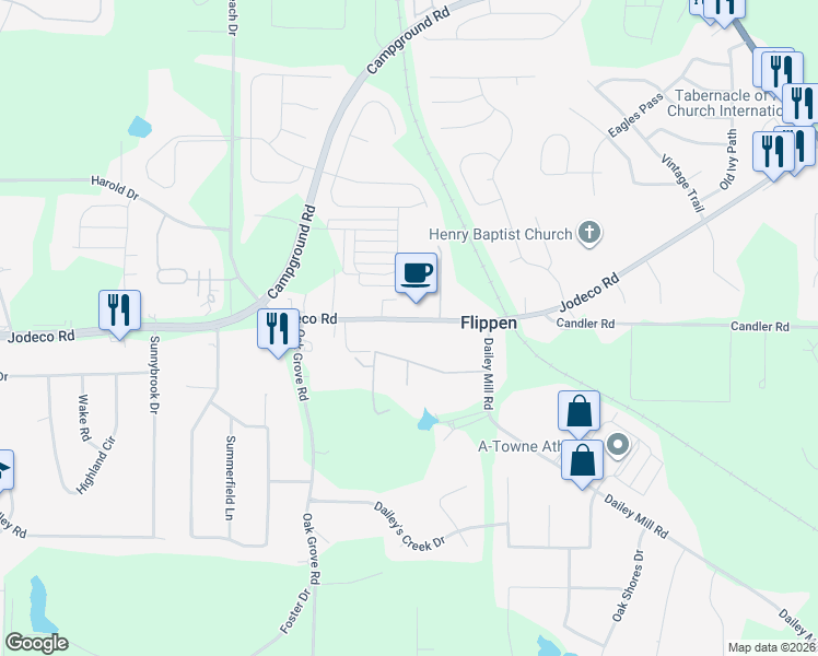 map of restaurants, bars, coffee shops, grocery stores, and more near 3808 Jodeco Road in McDonough