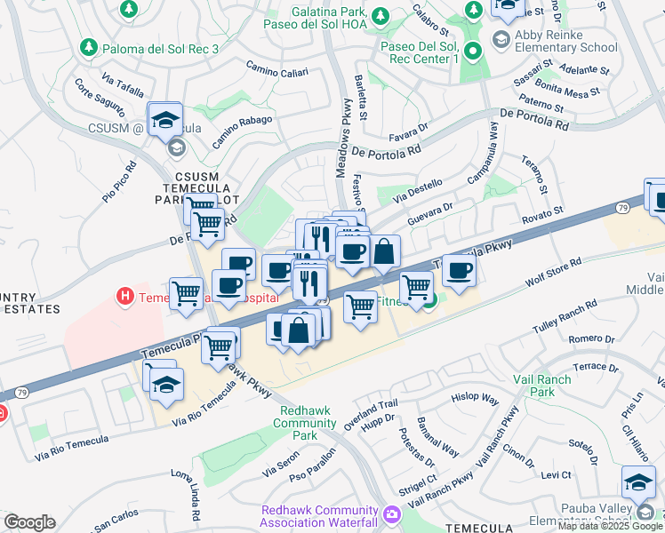 map of restaurants, bars, coffee shops, grocery stores, and more near 32180 Temecula Parkway in Temecula