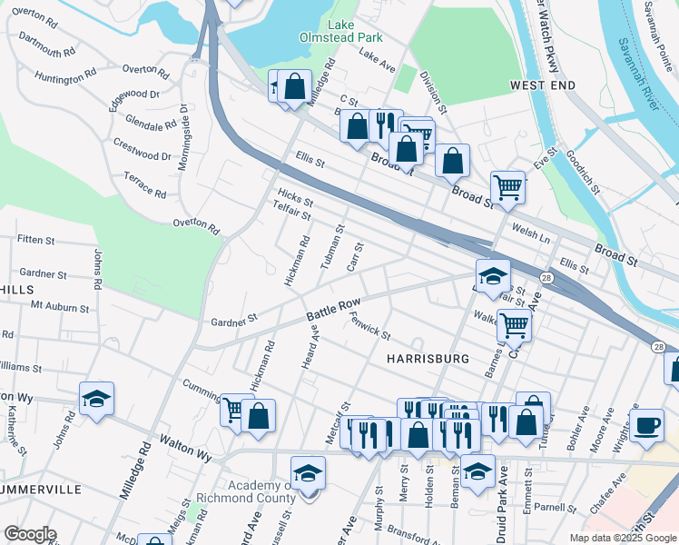map of restaurants, bars, coffee shops, grocery stores, and more near 2015 Gardner Street in Augusta