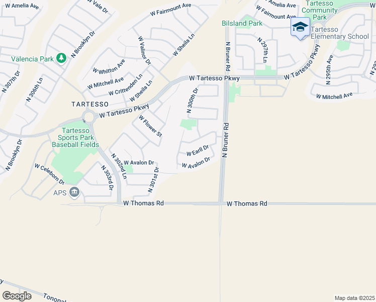 map of restaurants, bars, coffee shops, grocery stores, and more near 30038 West Earll Drive in Buckeye