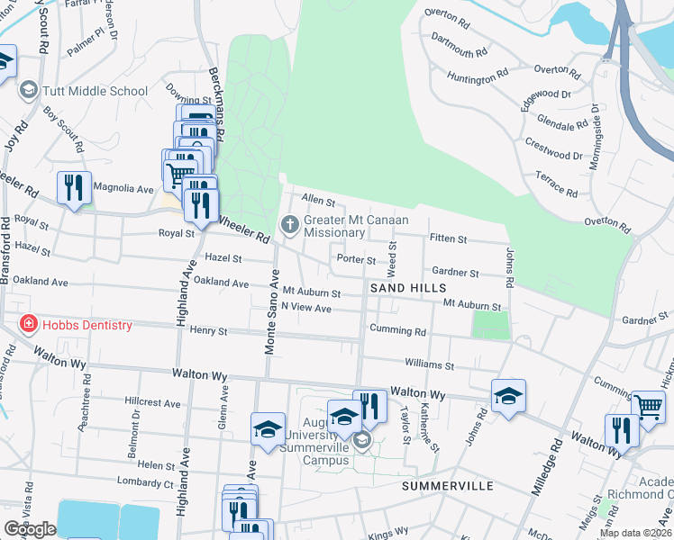 map of restaurants, bars, coffee shops, grocery stores, and more near 2512 Porter Street in Augusta
