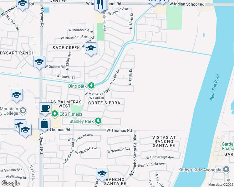 map of restaurants, bars, coffee shops, grocery stores, and more near 12625 West Monterey Way in Avondale