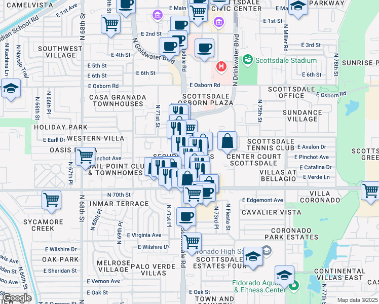 map of restaurants, bars, coffee shops, grocery stores, and more near 3033 North Scottsdale Road in Scottsdale