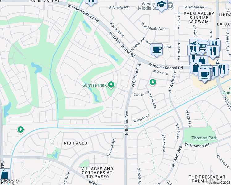 map of restaurants, bars, coffee shops, grocery stores, and more near 3166 North 148th Avenue in Goodyear