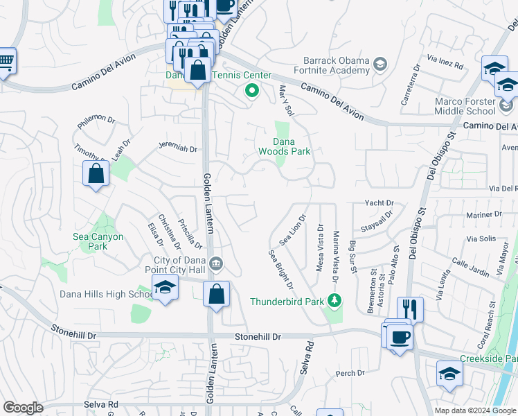 map of restaurants, bars, coffee shops, grocery stores, and more near 33052 Sunharbor in Dana Point