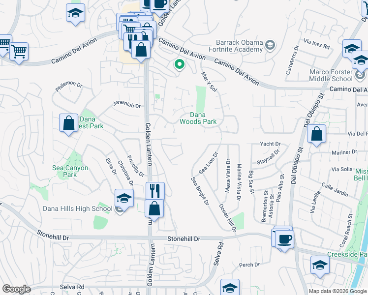 map of restaurants, bars, coffee shops, grocery stores, and more near 33052 Sunharbor in Dana Point