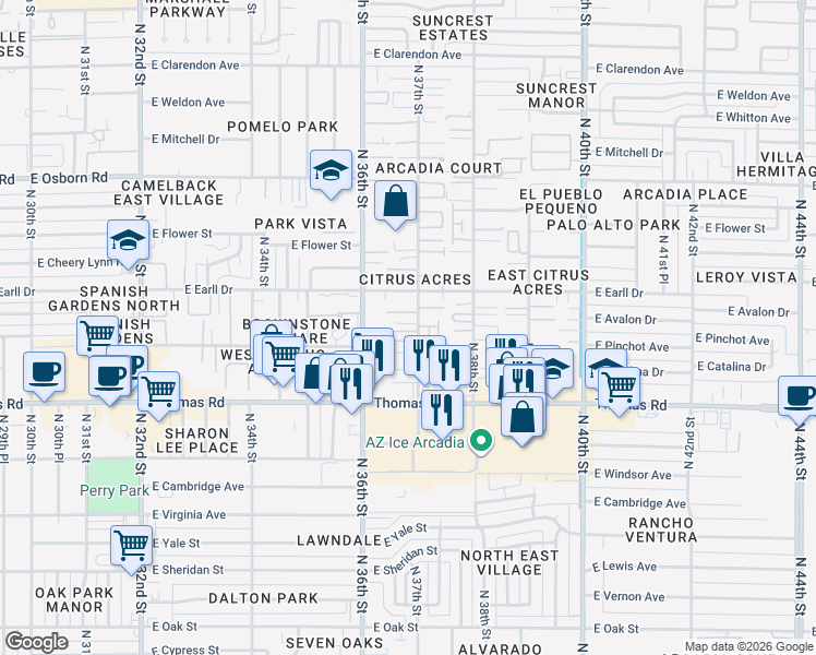 map of restaurants, bars, coffee shops, grocery stores, and more near 3708 East Pinchot Avenue in Phoenix