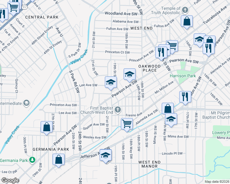 map of restaurants, bars, coffee shops, grocery stores, and more near 1916 Pearson Ave SW in Birmingham